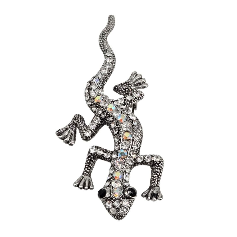 Vintage Lizard Gecko Aurora Borealis Rhinestones Silver Tone Brooch Pin